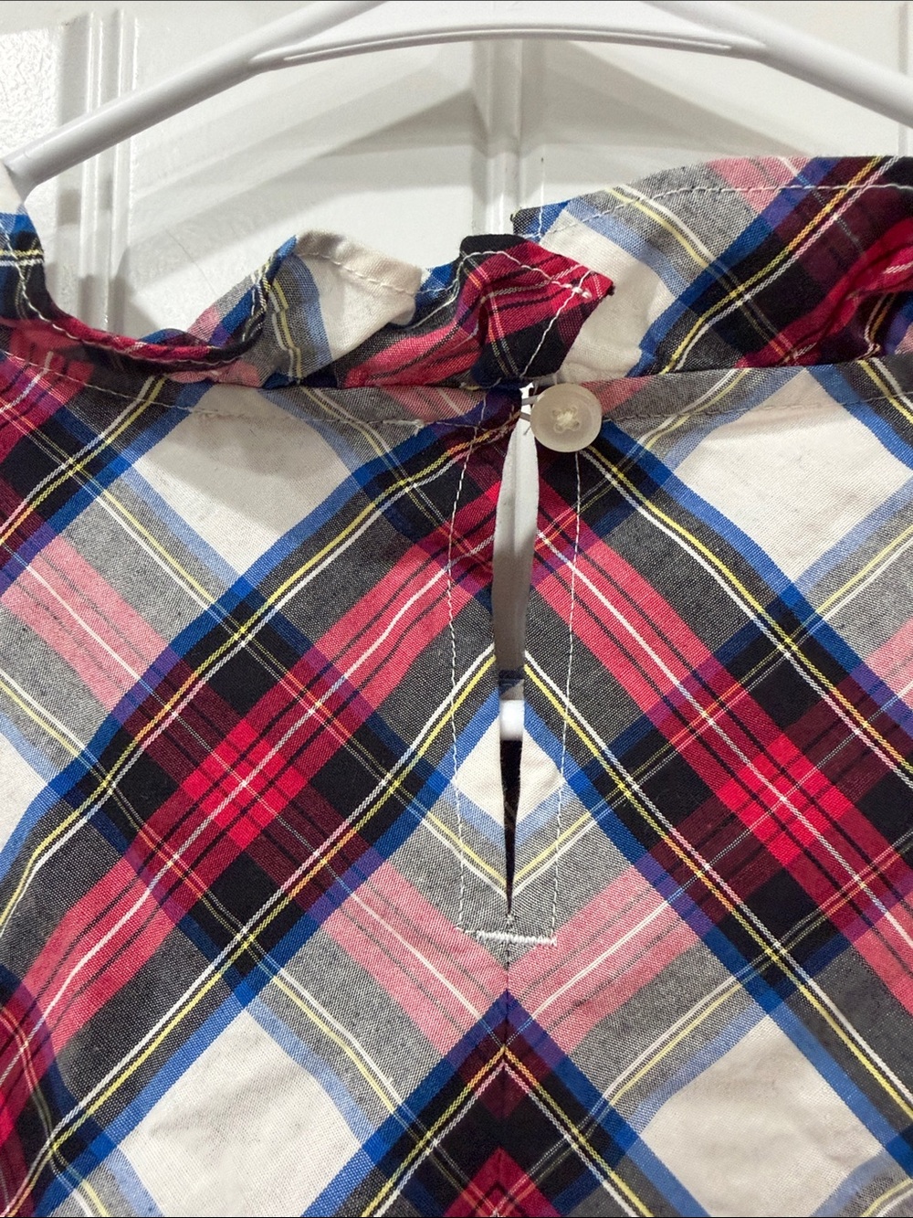 EUC J. Crew Red, Cream & Blue Tartan Plaid Ruffle-Neck Blouse - Picture 5 of 6